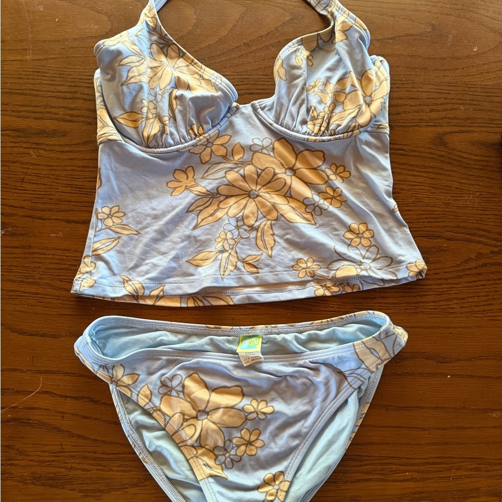 Light Blue Floral Bandeau Tankini Top & Bikini Bottom